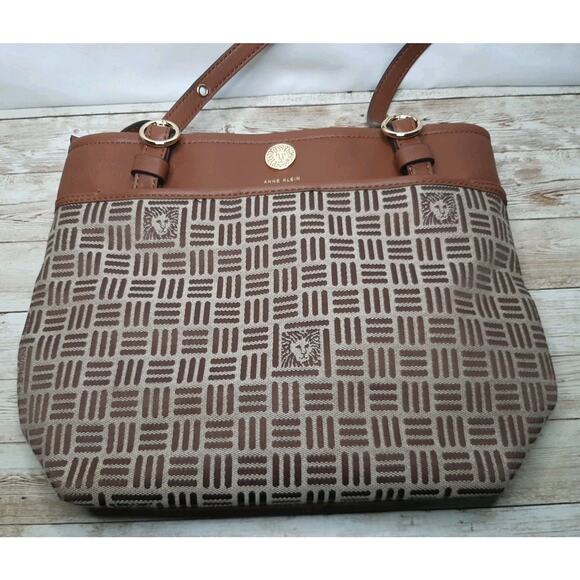 Anne Klein Tote Bag Handbag Purse Zip Top Brown/Tan Vegan Leather Canvas - Picture 2 of 15